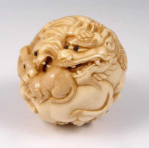 251B CHINESE CARVED IVORY ZODIAC BALL