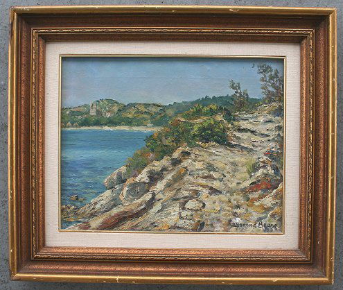 RAYMOND BESSE LANDSCAPE PAINTING: BESSE, Raymond, (French, 1871-1969): "Le Chemin Au Bord De La Mer, Bone, Algerie", OIL/Canvas, 10" x 12", signed, titled verso, gilded gesso frame with wear, 12 1/2" x 15".