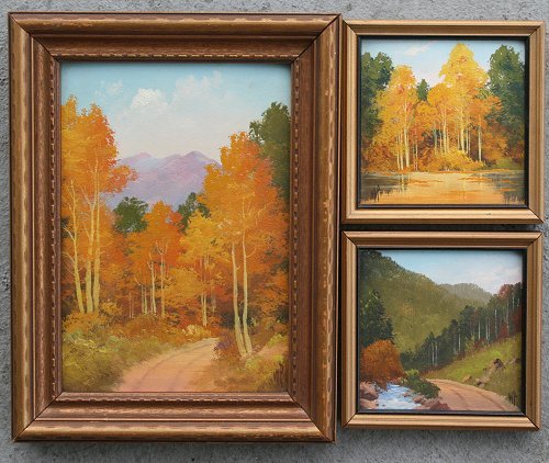 3 WILLARD PAGE WESTERN PAINTINGS: PAGE, Willard, (American, 20th C.): 3 Western OIL/Board Scenes, all monogrammed, with Page's stencil or label affixed verso, all titled; "Beaver Pond", 3" x 3", framed, 4" x 4"; "Mohawk Trail", 3" x 3