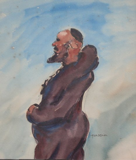 JULES PASCIN MONK PAINTING: PASCIN, Jules, (American, 1885-1930): Monk, W/C, 7 3/4" x 6 3/4", signed, framed, 11" x 9".