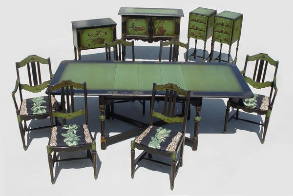 11 PC STICKLEY BROS QUAINT AMERICAN DINING SET: STICKLEY BROS. QUAINT AMERICAN FURNITURE DINING SET PLUS: 11 piece group paint decorated in the Chinoiserie style. Includes Table with three 10" leaves, 6 chairs (2 arm), Server, a two drawer stand, a