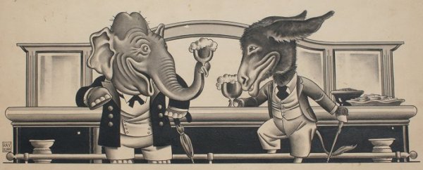 RAY ROHN POLITICAL CARTOON ILLUSTRATION: ROHN, Ray, (American, 1888-1935): Democratic Donkey and Republican Elephant Sharing a Beer, Ink Drawing with wash, 10 1/2" x 22", signed, unframed.