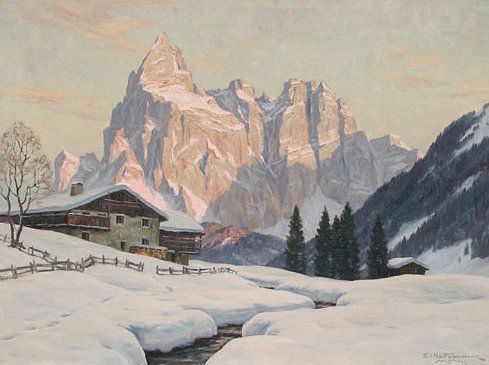ERWIN KETTEMANN ALPINE GLOW PAINTING: KETTEMANN, Erwin, (German, 1897-1971): "Alpine Glow", Mountain Snow Scene, OIL/Canvas, 24 x 31 1/2", signed, framed, 29" x 37".
