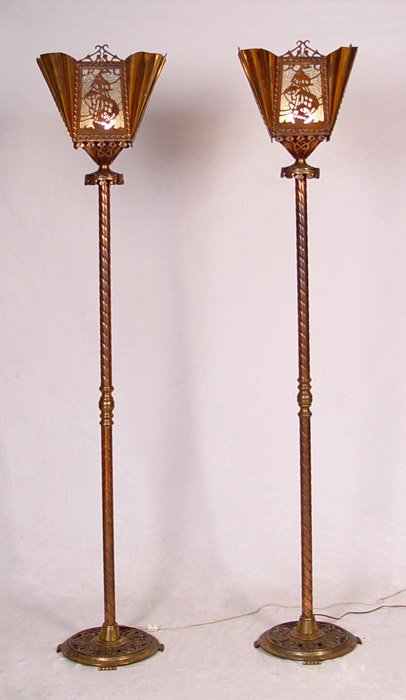 PAIR OSCAR BACH TORCHIERES: PAIR OSCAR BACH TORCHIERES: Sailing Ship motif to shades. Unsigned. 63 3/4''. h. overall x 12'' base dia. Shade 12 3/4'' x 13 3/4''