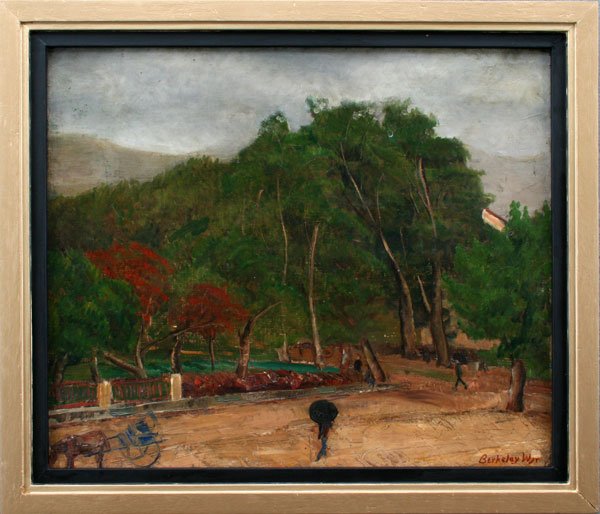 BERKELEY WILLIAMS JR PAINTING: WILLIAMS JR, Berkeley, (American, 1904-): Street Scene in Corsica, OIL/Canvas, 18 1/2" x 22", signed, titled verso, painted wooden frame 22" x 25 1/2".