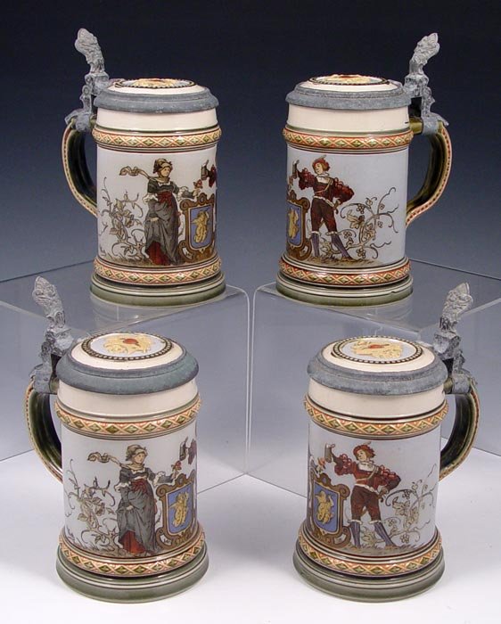 4 METTLACH STEINS #1725: 4 METTLACH STEINS #1725: Etched design, signed by artist C. Warth. 1/4 liter. 6 1/4'' h. to top of thumbpress.