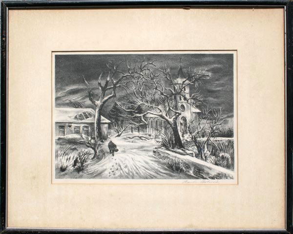AARON BOHROD WINTER VILLAGE LITHOGRAPH: BOHROD, Aaron, (American, 1907-1992): "Church in Luxembourg," Lithograph, sight size 9 1/2" x 13", signed lower right in pencil, painted frame with wear, 17" x 20 3/4", triple A label affixed verso.
