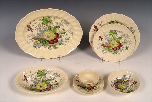71 pc ROYAL DOULTON KIRKWOOD CHINA SERVICE: ROYAL DOULTON CHINA SERVICE IN MULTI COLOR "THE KIRKWOOD" PATTERN: Approx. 71 pieces to include 12 dinner plates, 11 salad plates. 12 bread plates, 12 cereal bowls, 12 saucers, and 9 cups. Serving pie