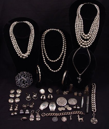 HUGE LOT MEXICAN SILVER JEWELRY PLUS : LOT OF STERLING JEWELRY ETC: Mexican Sterling jewelry to include, three hollow bead necklaces by Icula. Single strand is 34" l. triple and 5 strand are approx. 16"l. 2 bangle bracelets, Antonio Pineda