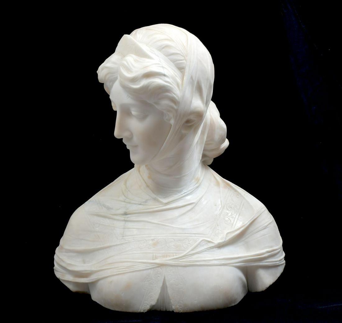 PIETRO BAZZANTI ALABASTER SCULPTURE OF A MAIDEN: BAZZANTI, Pietro, (Italian, 1842-1881): Bust of a Young Maiden, Alabaster, 18.5'' in height, signed.