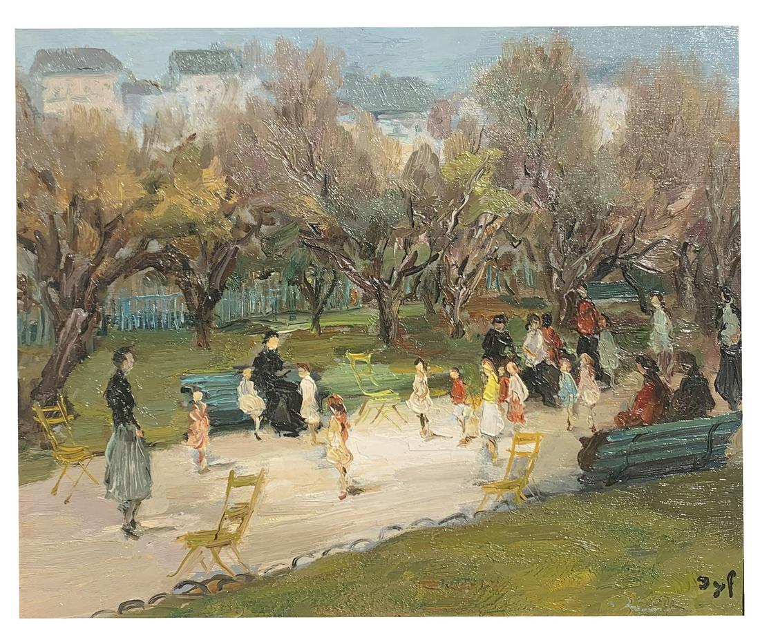 EXCEPTIONAL MARCEL DYF PAINTING PARIS PARK SCENE: DYF, Marcel, (French, 1899-1985): ''Jardin des Champs Elysees'', HST SBD 38X46 Cm. 1950 No ID 5288, Champs Elyses Gardens, Paris, circa 1950, Oil/Canvas, 15'' x 18.125'', signed lower right, framed, 2