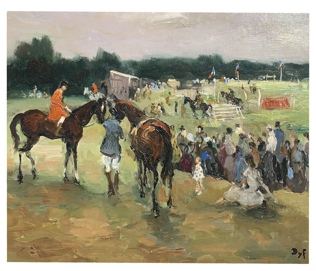 MARCEL DYF PAINTING STEEPLECHASE: DYF, Marcel, (French, 1899-1985): ''Concours hyppique pres de Versailles” HST SBD 46X55 Cm. 1950 No ID 5287, Steeplechase Equestrian Event, Park near Versailles, circa 1950, Oil/Canvas, 18.25'' x 21