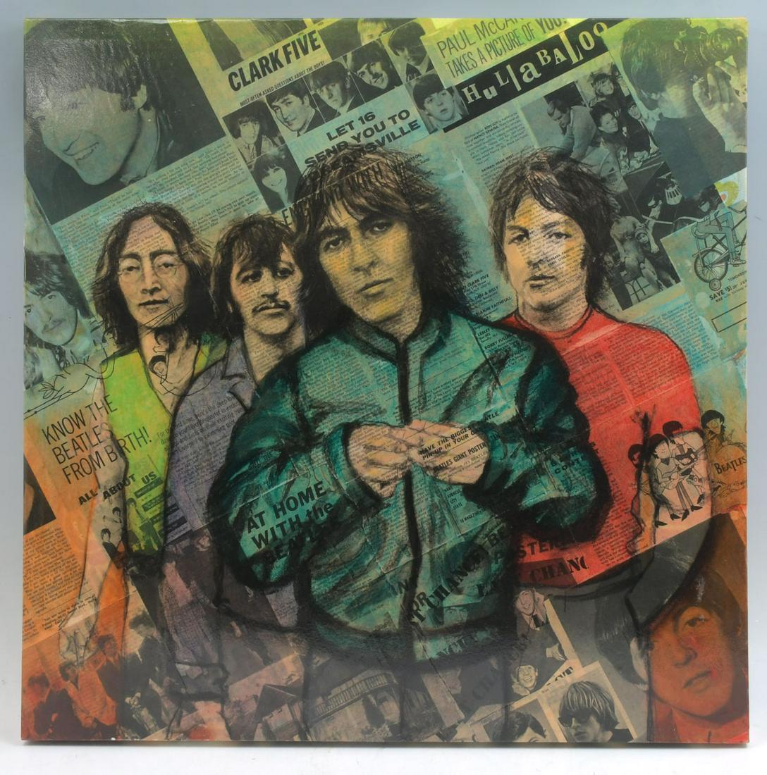 WESTON BEATLES MIXED MEDIA ARTWORK: WESTON, Rayfield, (American, 20th Century): The Beatles, Portrait on Newspaper Collage on Canvas, 27'' x 27'', no visible signature, unframed.