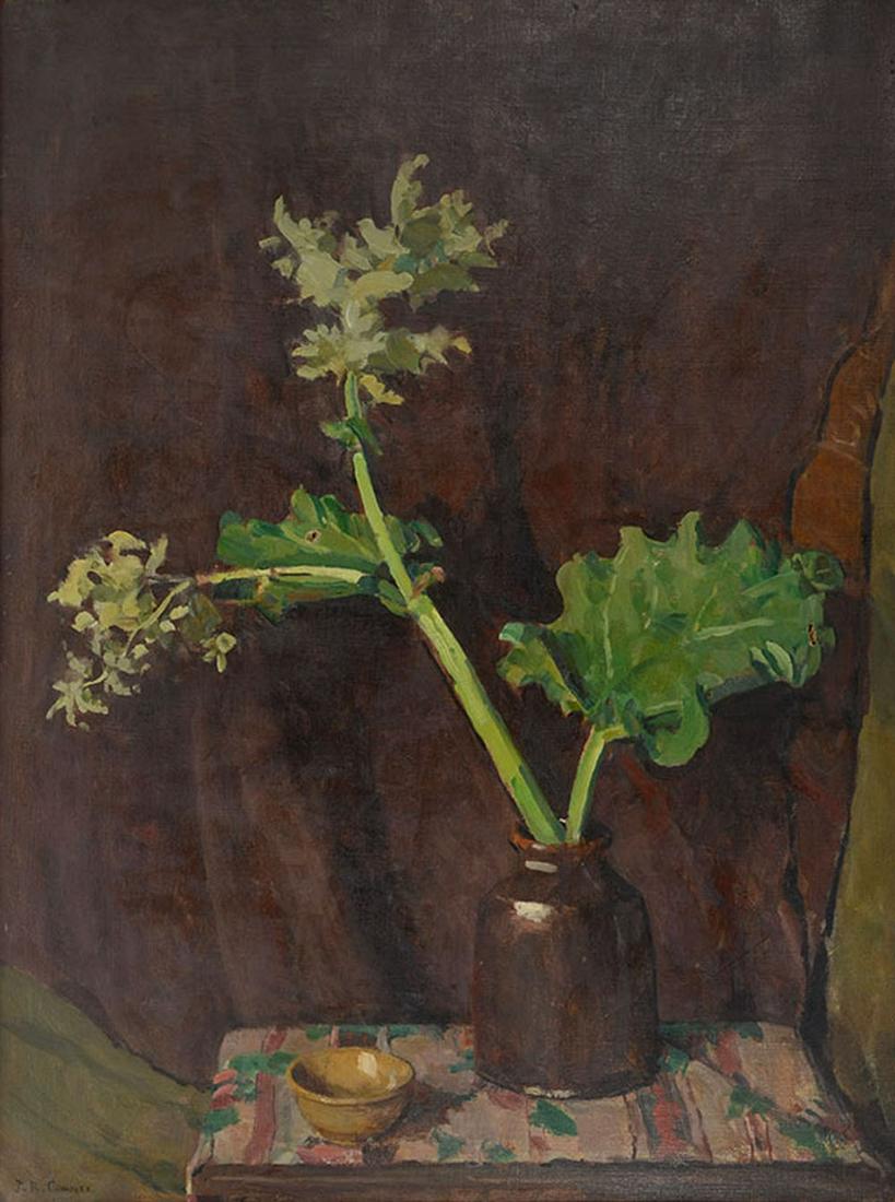 JOHN CONNER RHUBARB PAINTING: CONNER, John Ramsey, (American, 1869-1952): Still Life with Rhubarb Plant, Oil/Canvas, 36'' x 27'', wood frame, 39.5'' x 30'', partial exhibition label affixed verso. John Conner is known for his land