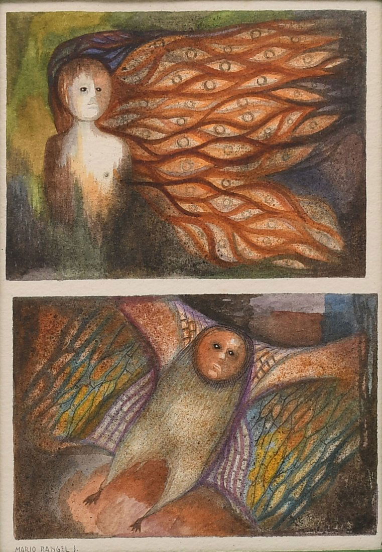 MARIO RANGEL TWO WATERCOLOR PAINTINGS: RANGEL, Mario, (Mexico, 1938-): Two separate watercolor figural scenes in one frame both are surreal one showing a human form and the other showing and animal form with human face, sight size 9.5" x 6