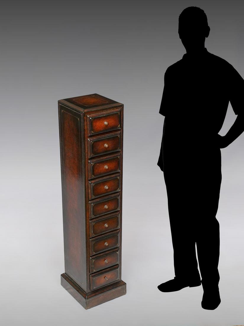 MAITLAND-SMITH LINGERIE CHEST: MAITLAND-SMITH LINGERIE CHEST: Nine drawer, pedestal form Lingerie chest. Maitland Smith tag resides in top drawer. Approx. 41.75" h x 10.25" l x 10.75" w.