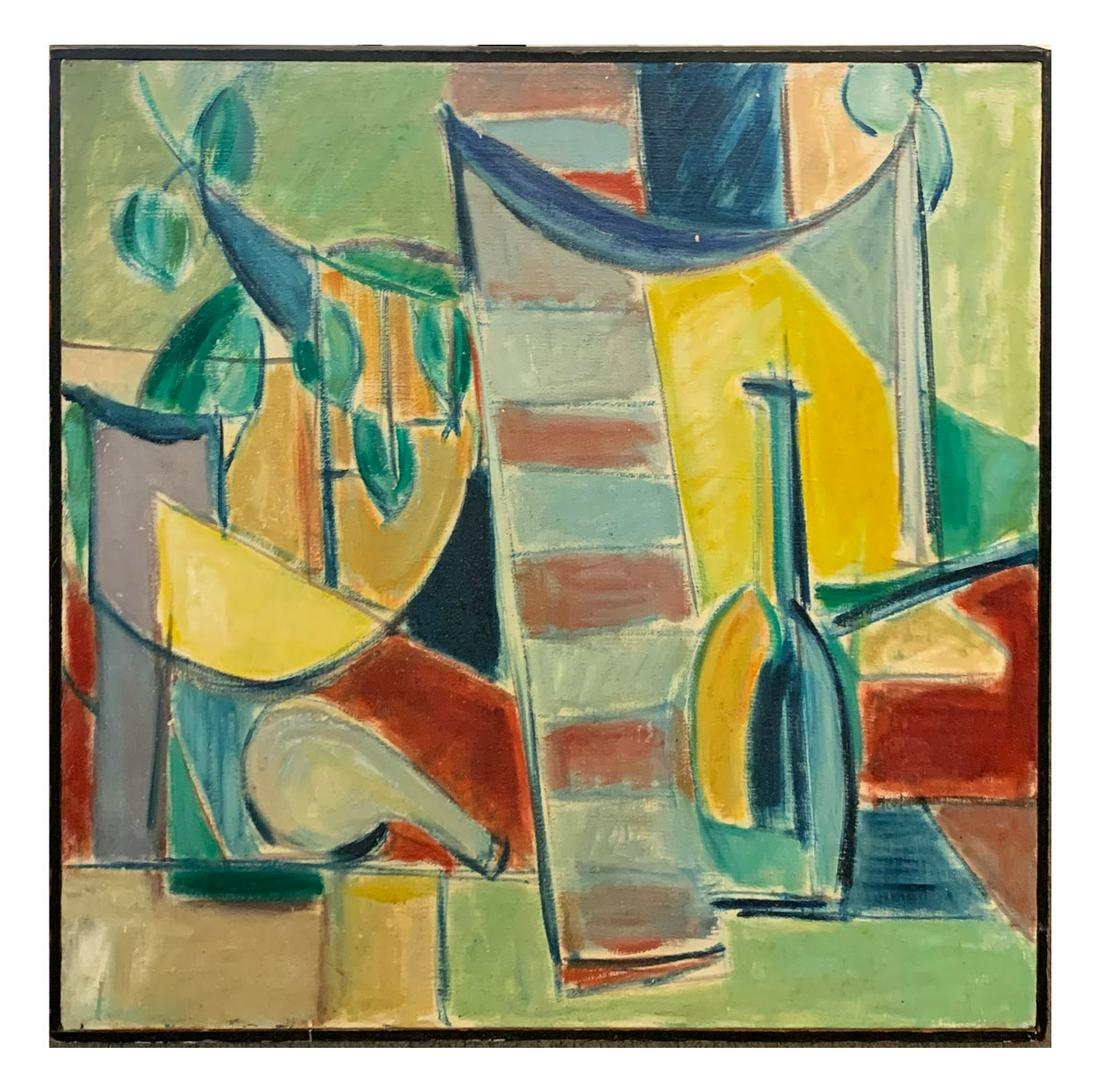 MARION JUNKIN CUBIST STILL LIFE PAINTING: JUNKIN, Marion, (Korean, 1905-1977): Cubist Tabletop Still Life, Oil/Canvas, 24" x 26", signed on the canvas and on the stretcher verso several times, thin edge wood frame, 24.75" x 26.75".