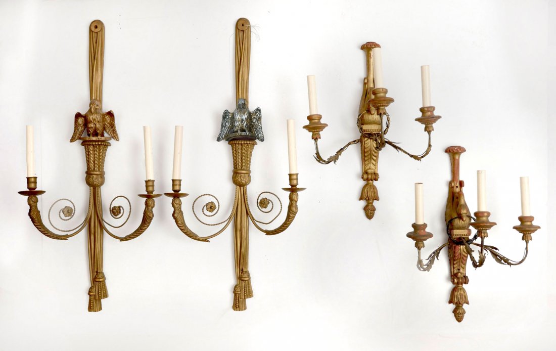 FOUR CARVED BIRD SCONCES: FOUR CARVED BIRD SCONCES: 2 Pair of carved wall sconces. One pair having Eagles, whilst the other pair has Swans. Tallest Approx. 34.5" h x 16.25" l x 6.25" w. Provenance; Removed from The French Hous