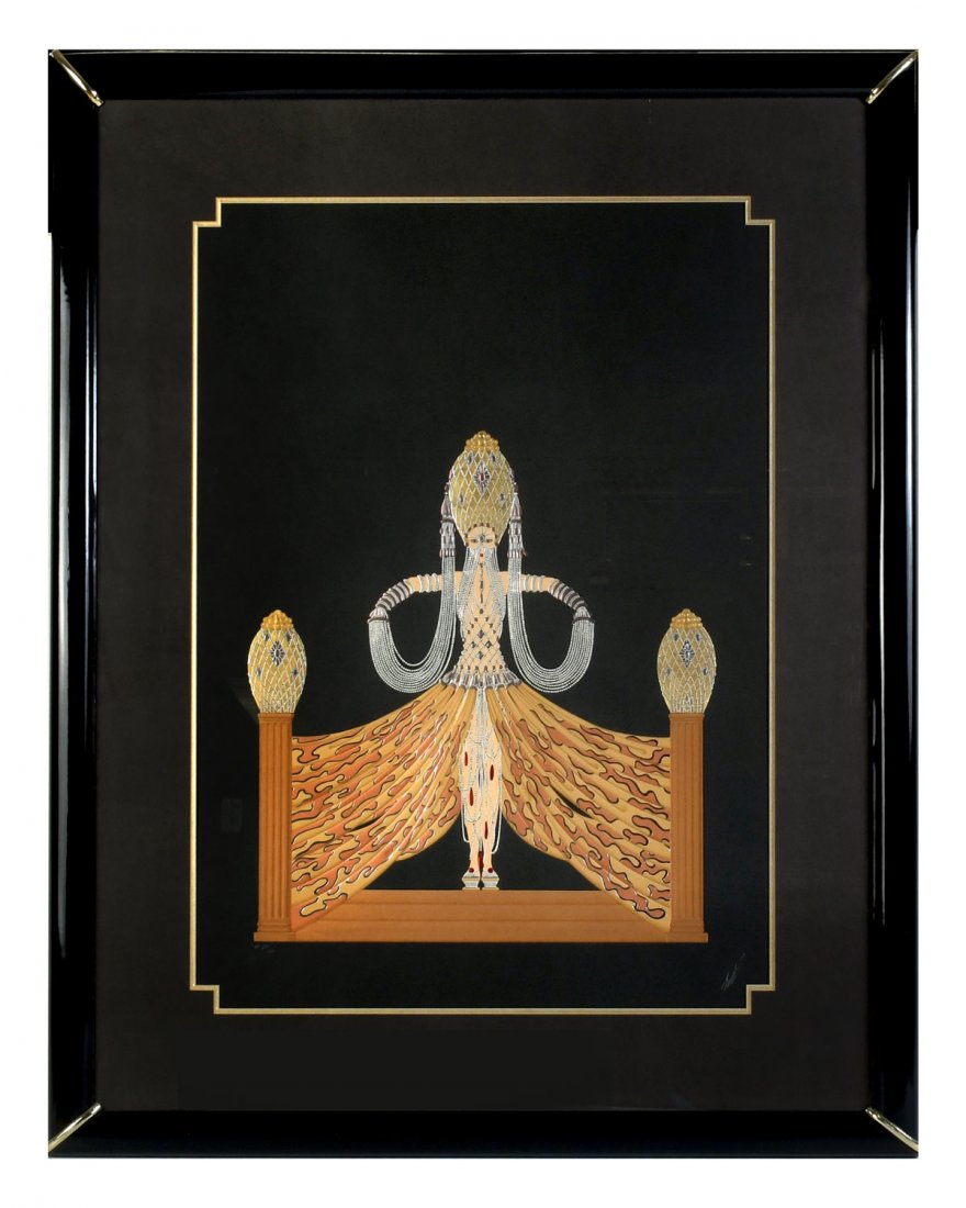 LARGE ERTE SERIGRAPH ENCHANTRESS: ERTE, (Russian, 1892-1990): "Enchantress", Enhanced Oil Stamped Serigraph, sight size 34.5" x 24.5", signed lower right, numbered artist proof, 29/60, encased in custom lacquer frame and matte, 47.5"