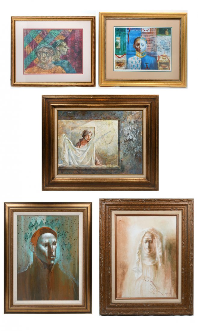 5 PIECE DAVID ANDERSON ART LOT: 5 PIECE DAVID ANDERSON ART LOT: 5 Piece lot to include, 1) Mixed Media on Paper of Two Faces, sight size 12.25" x 16.25", signed lower left and dated '94, framed, 20.5" x 24"; 2) A Manor of My Friends