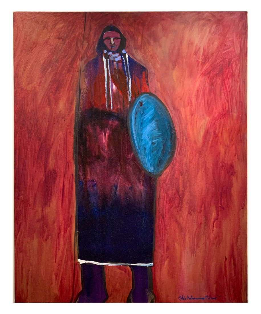 PABLO ANTONIO MILAN NATIVE AMERICAN PAINTING: MILAN, Pablo Antonio, (American, 1961-2017): Standing Native American Indian Warrior with Shield and Spear, Oil/Canvas, 30" x 24", signed lower right, unframed.