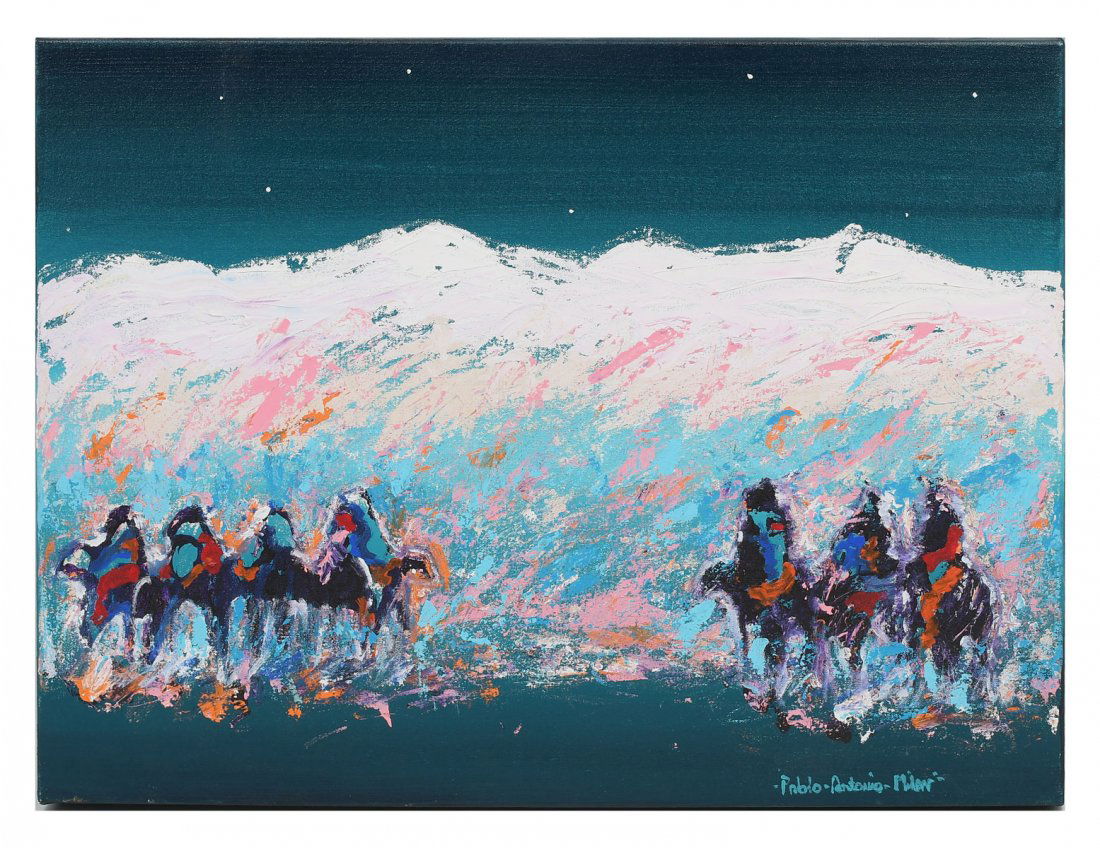 PABLO ANTONIO MILAN NATIVE AMERICANS ON HORSEBACK: MILAN, Pablo, (American, 1961-2017): Western Snowy Mountain Landscape with Native Americans on Horseback, Oil/Canvas, 18" x 24", signed lower right, unframed.
