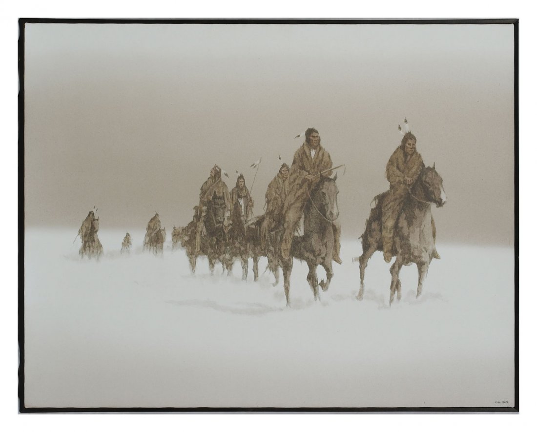 JOHN PACE NATIVE AMERICAN TRIBE PAINTING: PACE, John, (American, 1930-2006): Native American Tribe Travelling on Horseback in Snow, 24" x 30", signed lower right, thin edge wood frame, 24.5" x 30.5".