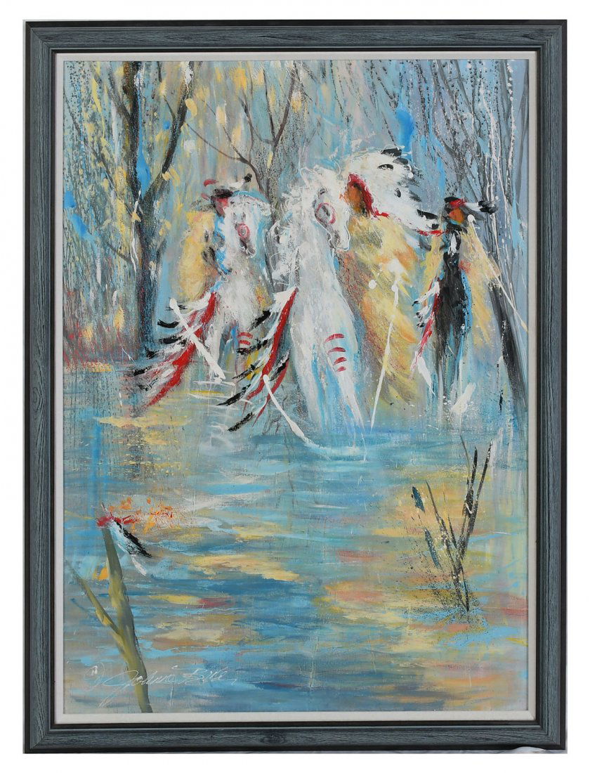 JOANNE BIRD NATIVE AMERICAN PAINTING: BIRD, JoAnne, (American, 1945): Native Americans on Horseback Riding Through a Creek, Oil/Canvas, 40" x 30", signed lower left, framed, 44.5" x 34.5".