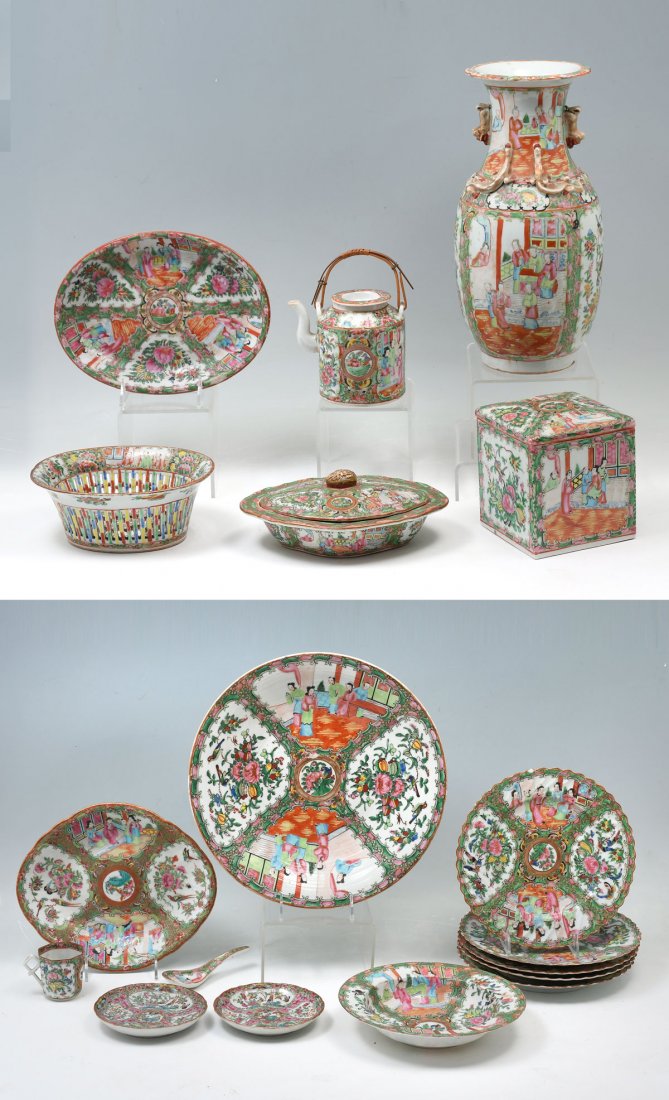 18 PC. CHINESE ROSE MEDALLION COLLECTION: 18 PC. CHINESE ROSE MEDALLION COLLECTION: Comprising: 1- Vase, 1- Charger, 1- Bowl, 2- Serving bowls, 5- Plates, 1- Spoon, 2- Saucers, 1- Teapot, 1- Teacup 1- Covered dish with married lid, 1- Pierced