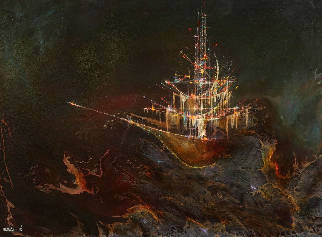 LARGE EARLY NIERMAN ABSTRACT PAINTING WITH SHIP: NIERMAN, Leonardo, (American, 1932-): Abstract Composition with Ship, Oil on Board, 24" x 31.5", signed lower left and dated '66, original frame, 31" x 38.5".