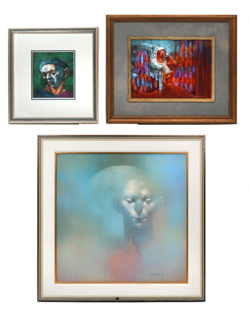 THREE PIECE DAVID ANDERSON PAINTING LOT: THREE PIECE DAVID ANDERSON PAINTING LOT: To include, 1) Portrait of a Mime, Oil/Board, sight size 9" x 8", signed lower right, framed under glass, 19" x 18.25"; 2) Profile of a Masked Face, Oil/Masoni