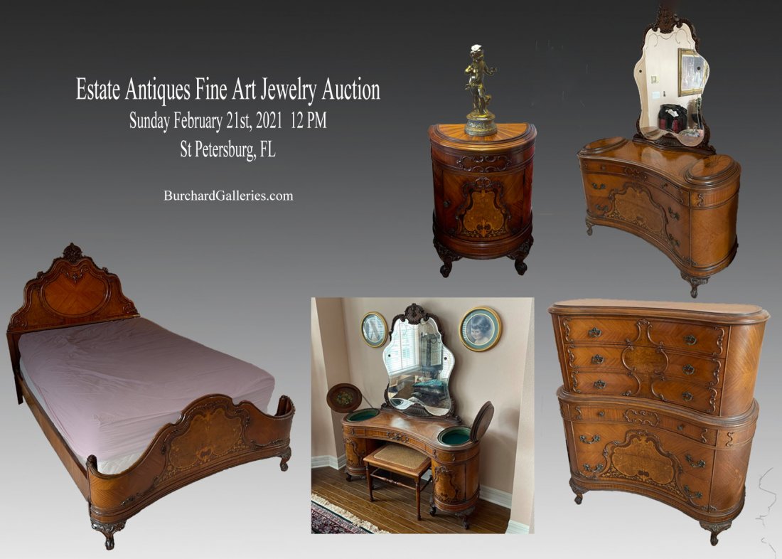 FRENCH MAHOGANY 6 PC. BEDROOM SUITE: A MOST ELEGANT 6 PC FRENCH MAHOGANY BEDROOM SUITE: Included in this magnificent suite is a FULL-SIZE BED with curved head and richly inlaid curved footboard; A most unusual kidney shaped VANITY with b