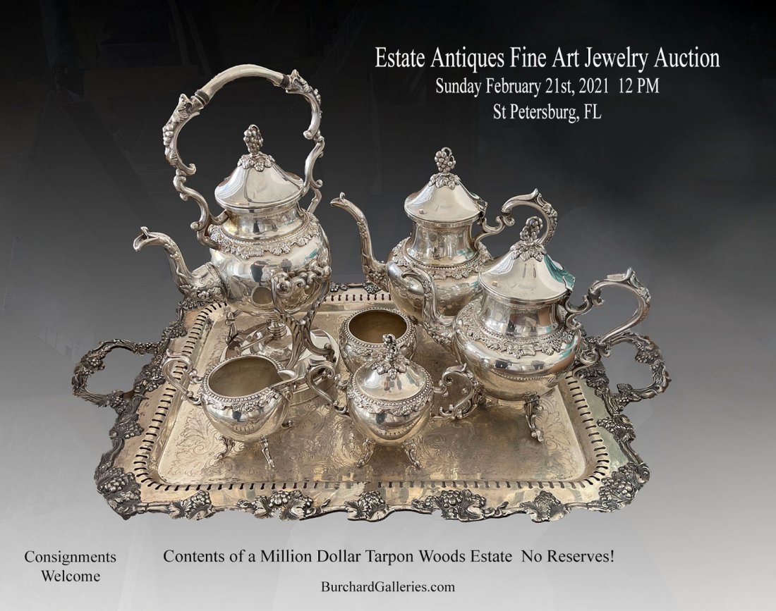 HIGHLY ORNATE SILVER PLATE TEA AND COFFEE SERVICE: HIGHLY ORNATE SILVER PLATE TEA AND COFFEE SERVICE: Comprising, Large Coffee Pot on Stand, Coffee and Teapots, Sugar, Creamer, Waste Bowl and Large Engraved Serving Tray. Largest Approx. 15.5'' h x 9.5