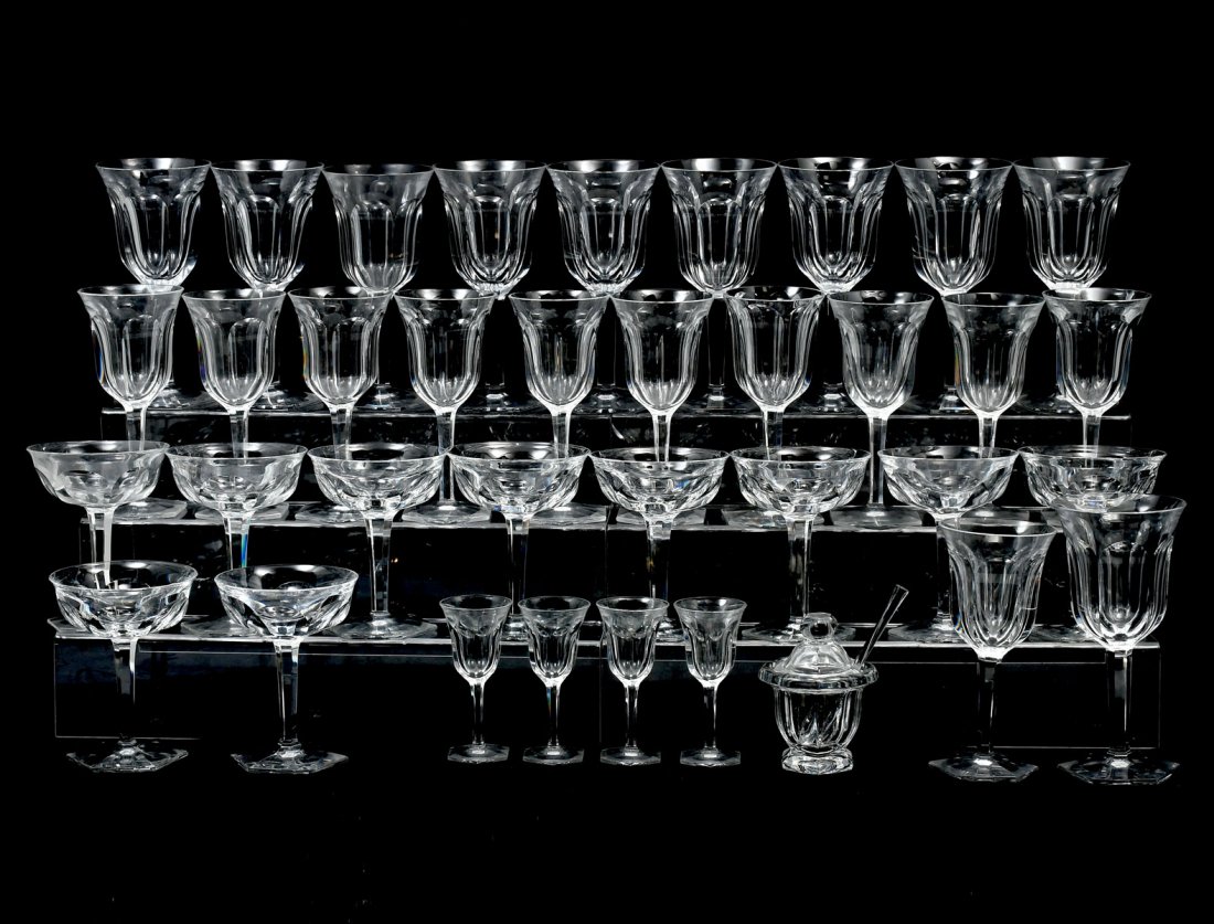36 PC. BACCARAT HARCOURT 1841 STEMWARE: 36 PC. BACCARAT ''HARCOURT 1841” STEMWARE: Comprising; 10- water glasses, 7.5'' h, 11- white wine, 6.75'' h, 10- Sherberts, 5.25'' h, 4- cordials, 4.5'' h, & 1- Missouri Jam jar with spoon. Etched m