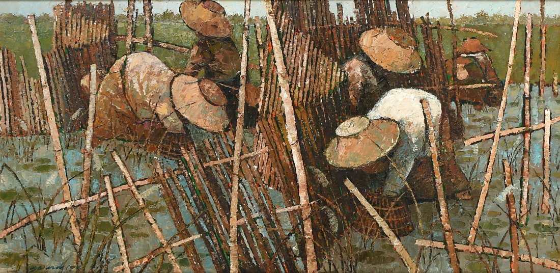 LARGE VIETNAMESE? ILLEGIBLY SIGNED: LARGE VIETNAMESE? ILLEGIBLY SIGNED: Workers in the Rice Field, Oil/Masonite, 24" x 48", signed lower left, dated '72, framed, 34" x 58".