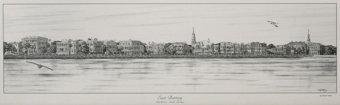 ROBERT HARRIS SC PENCIL DRAWING: ROBERT HARRIS PENCIL DRAWING: East Battery, Charleston South Carolina. Incredible detail. Signed copy by prominent Charleston SC Artist Robert Harris. Custom Framed.