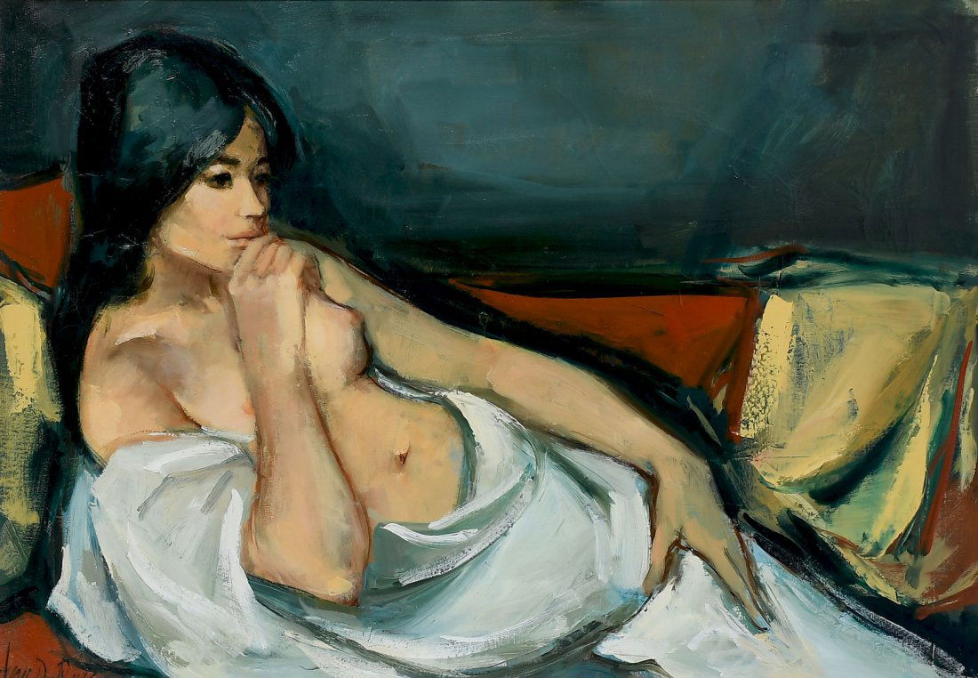 LARGE JAN DE RUTH RECLINING BEAUTY PAINTING: DE RUTH, Jan, (Czech, 1922-1991): Reclining Beauty, Oil/Canvas, 22" x 32", signed lower left, fine painted and gilded frame, 30" x 40".