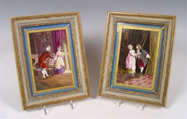 2 HANDPAINTED FRENCH PORCELAIN PLAQUES att. SEVRES: PAIR FRENCH PORCELAIN HAND PAINTED PLAQUES attrib. SEVRES: Unsigned. Wood frame. 2 scenes of gentleman courting ladies. Sight size 9 3/8'' x 6 7/8''. Framed 12 1/2'' x 9 3/4''.