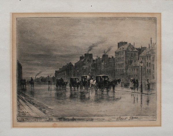 FELIX BUHOT ETCHING: BUHOT, Felix, (French, 1847-1898): ''Une Matinee D'Hiver Au Quat de L'Hotel-Dieu'', 1876, etching and drypoint, 12 1/4'' x 15 3/4'' with margins. Signed in plate, artists red stamp in lower margin. Un
