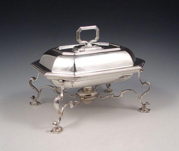 GARRARD LONDON 1916 SILVER CHAFING DISH: GARRARD LONDON 1916 SILVER CHAFING DISH: Hallmarks indicate silver, London 1916. Garrard has a Royal Warrant of Appointment. Converts to serving bowl, silver plate stand with burner and shell form fee
