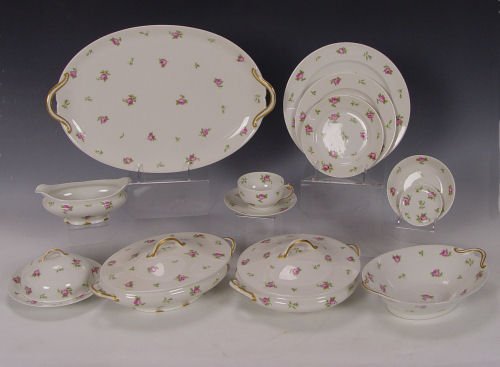 101 pc FRENCH LIMOGES FINE CHINA: FRENCH LIMOGES ROSE DECORATED CHINA SERVICE: Gerard, Dufraisseix, and Abbot. Ca. 1900-1941. Approx 101 pieces to include, 12 dinner plates, 12 salad plates (one chip), 12 butter pats, 12 bread plates,