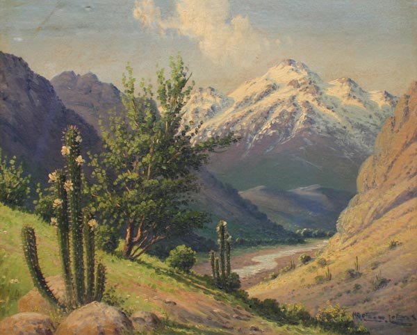 ALFREDO LOBOS CHILEAN PAINTING: LOBOS, Alfredo, (Chile, 20th C.): Chilean Valley Landscape with Snow Capped Mountain in Distance and Cactus in the Foreground, OIL/Canvas, 17 1/2" x 21 1/2", signed and dated 1950, gold frame, 21 1/2"