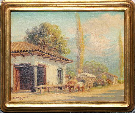 ALBERTO LOBOS VILLAGE PAINTING: LOBOS, Alberto, (Chile, 1890-1917): Chilean Town Scene, OIL/C, 9 1/2'' x 12'', signed, dated 1940, gilded frame, 11 1/2'' x 14''.