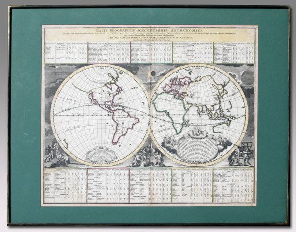 1742 JOHANNE DOPPELMAYR ASTRONOMICA WORLD MAP: DOPPELMAYR, Johanne Gabriel (1677-1750): Circa 1742, Basis Geographiae Recentioris Astronomica world map, hand tinted. Maps shows California as a island, and has listing of latitude, longitude an ecli