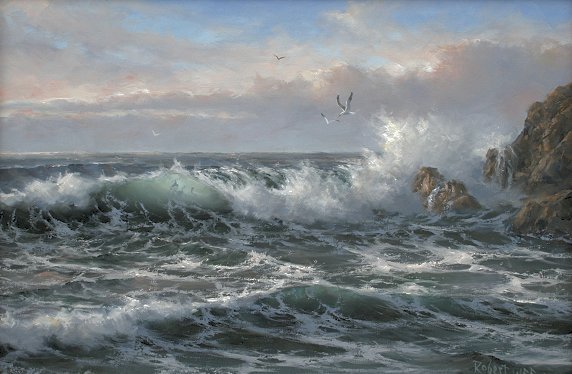 MASTERFUL ROBERT WEE SEASCAPE PAINTING: WEE, Robert, (American, 1927-): ''Headland Surf'' OIL/Board, 12'' X 18'', signed, gold gesso frame, 20'' x 26'', Jones Gallery label verso.