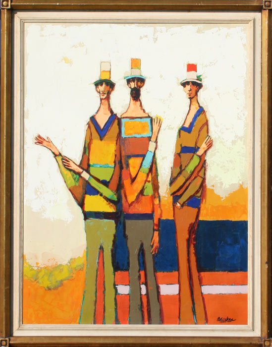 DAVID ADICKES TEXAS ARTIST PAINTING: ADICKES, David, (American, 1927-): 3 Men Wearing Hats, OIL/Board, 40" x 30", signed, custom gilded frame with minor wear, 45" x 35".