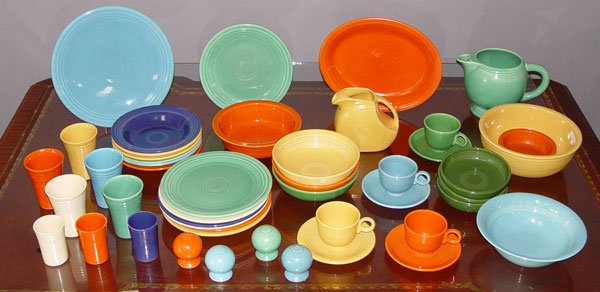 46 PC VINTAGE FIESTA DINNERWARE: VINTAGE FIESTA DINNERWARE: Approx. 49 pieces to include the UNLISTED SALAD BOWL, 3 individual salad bowls, 1 disc juice pitcher, 3 juice tumblers, 1 ice pitcher, 5 water tumblers, 6 soup bowls or deep