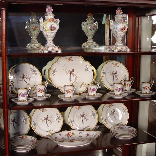 GROUP PORCELAIN LIMOGES, DRESDEN, BAVARIAN: ESTATE FINE PORCELAIN DRESDEN, LIMOGES AND BAVARIAN: To include 1) HAVILAND LIMOGES Bird of Paradise pierce handle cake server and 6 plates. 2) EDESTEIN BAVARIA demi-tasse set with bowl, 8 demi cups a