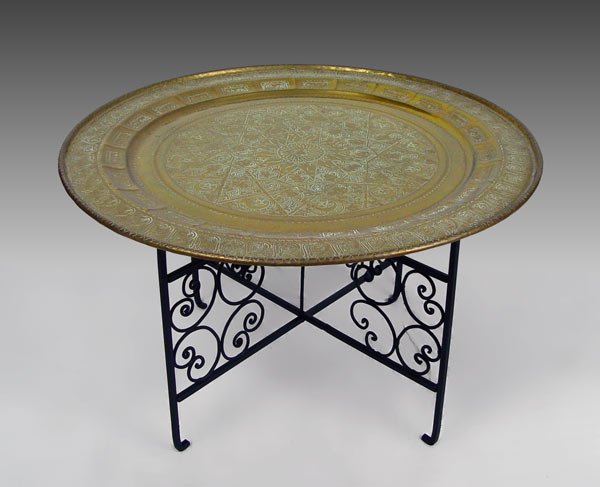 TURKISH TOOLED BRASS CHARGER / TABLE : LARGE TURKISH TOOLED BRASS CHARGER: Hang on wall or use with folding black iron stand. 37" dia.