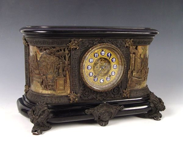 FINELY DETAILED FAUX ONYX ANSONIA VIRGINIA CLOCK: ANSONIA FINELY DETAILED ''VIRGINIA'' MANTLE CLOCK: Known as the ''Virginia'' model, this is one of Ansonia's heaviest and best clocks. This model could be ordered with several different statue tops or